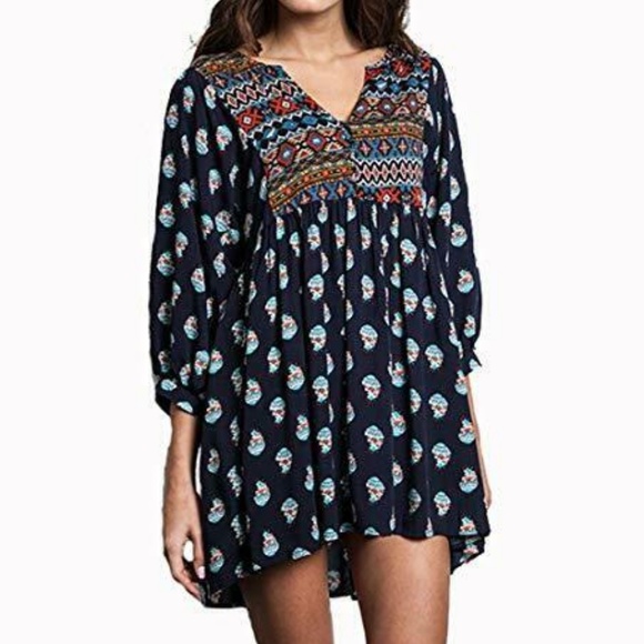 Umgee Tops - UMGEE Navy Blue Boho 3/4 Sleeve Tunic Dress